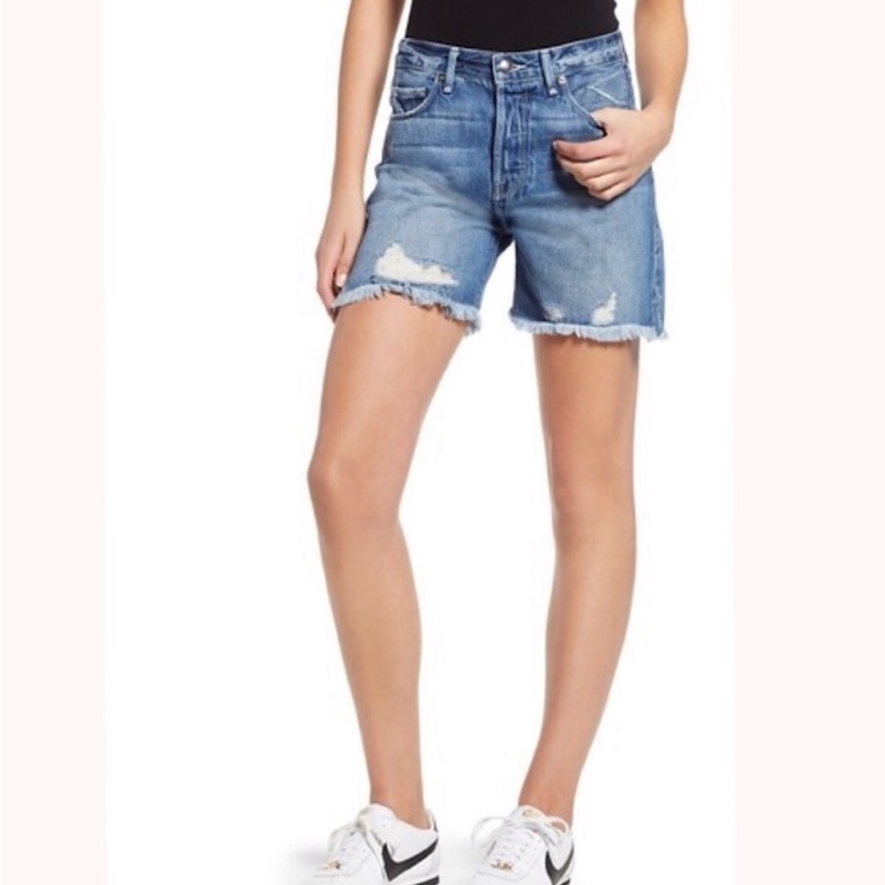 Good American Distressed Blue High Waist Shorts